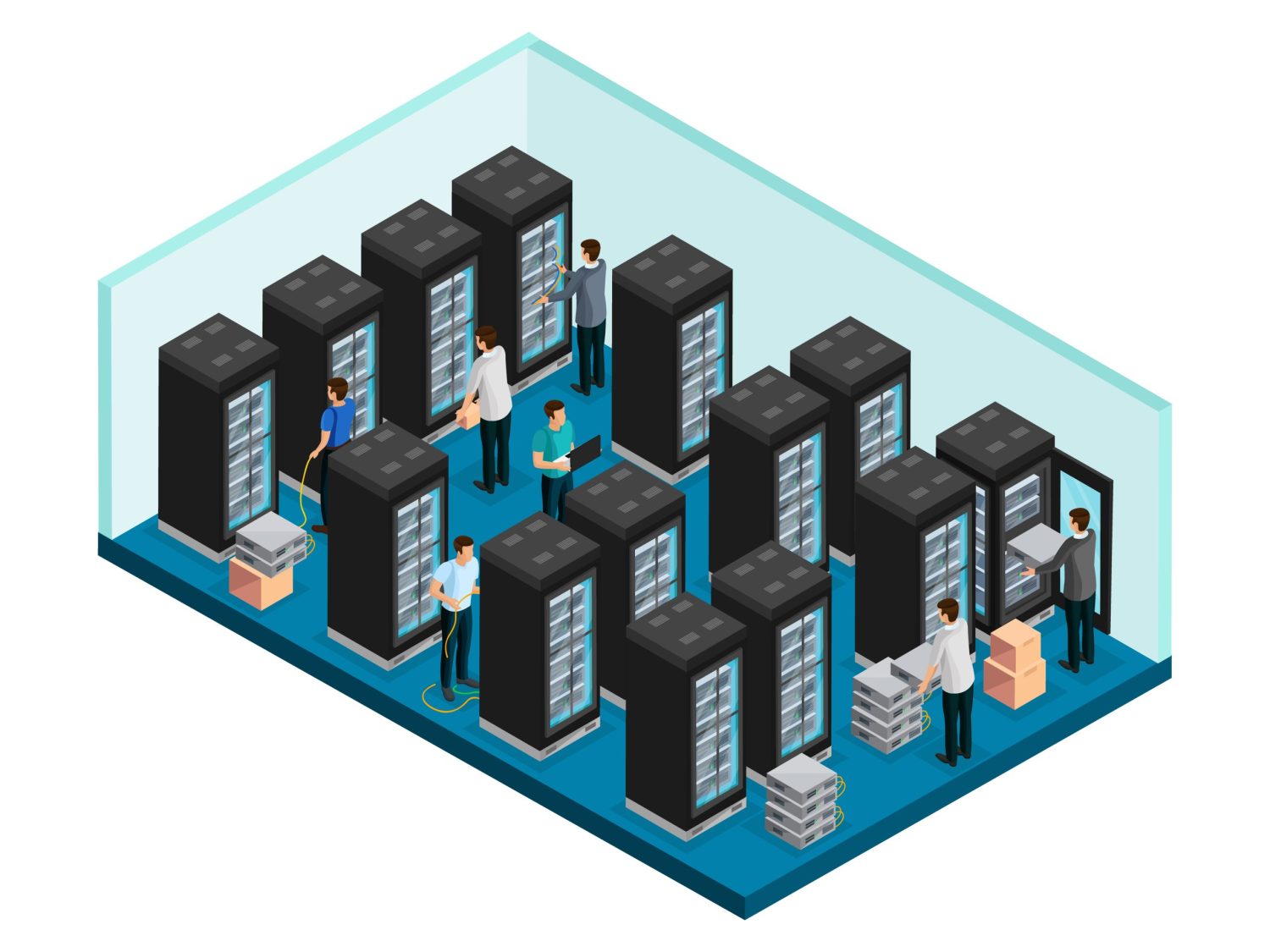 Isometric datacenter concept with engineers in data security server room for equipment repairing and maintenance isolated vector illustration